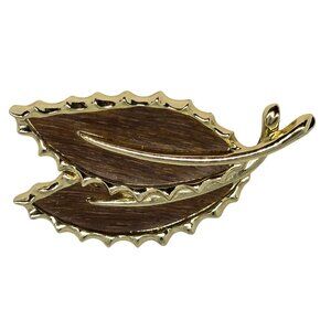 Vintage SARNA Gold Tone Wood Inlay Leaf‎ Brooch Mid Century Signed Pin